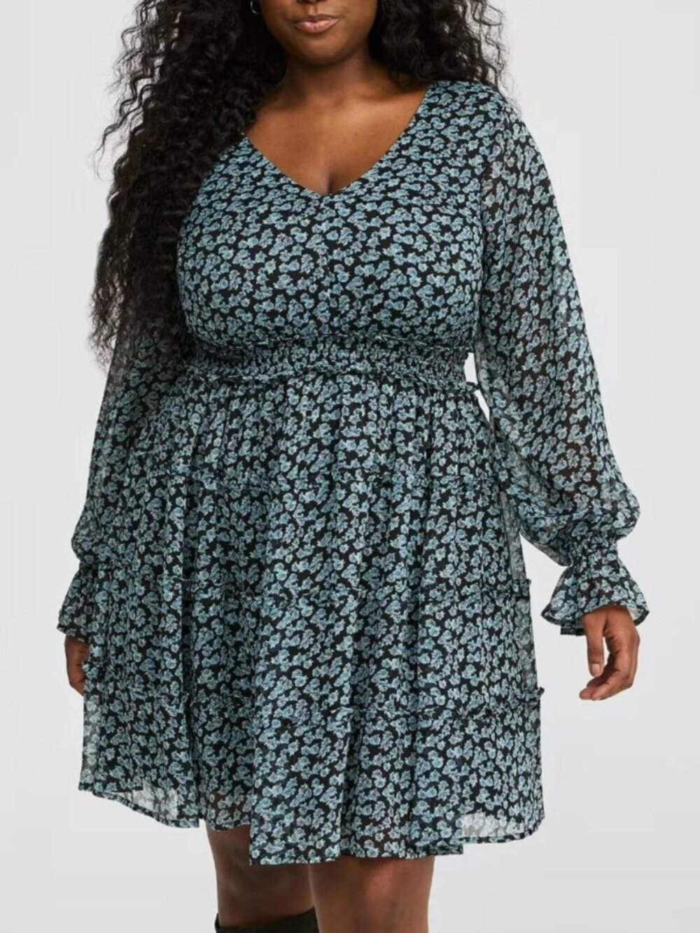 NEW NWT TORRID 1 Plus Size Mini Lurex Chiffon Tiered Dress Black Blue Floral 1X